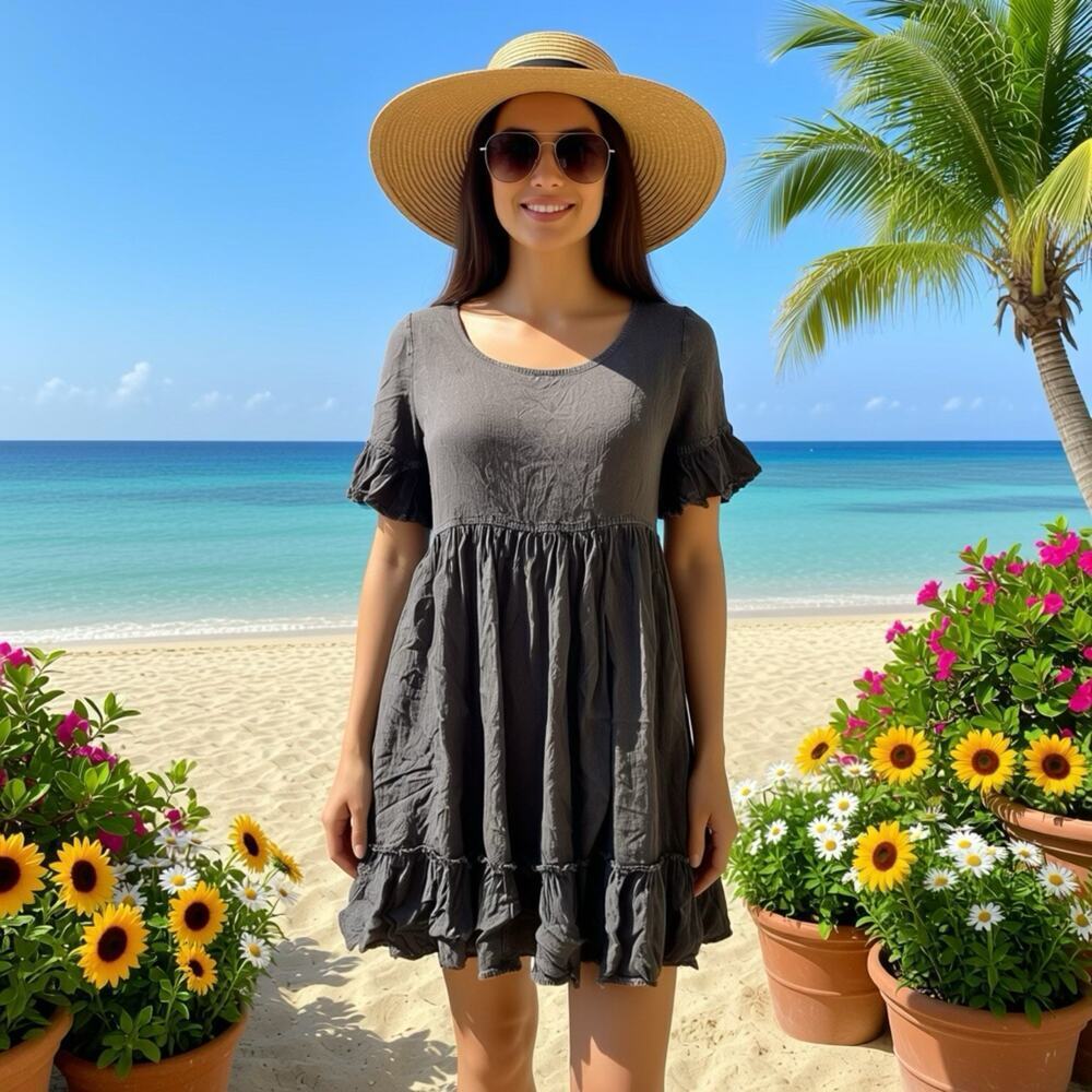 VTG EXIST Womens Nautical Beach Acid Wash Black Mini Dress S Ruffle Whimsigoth